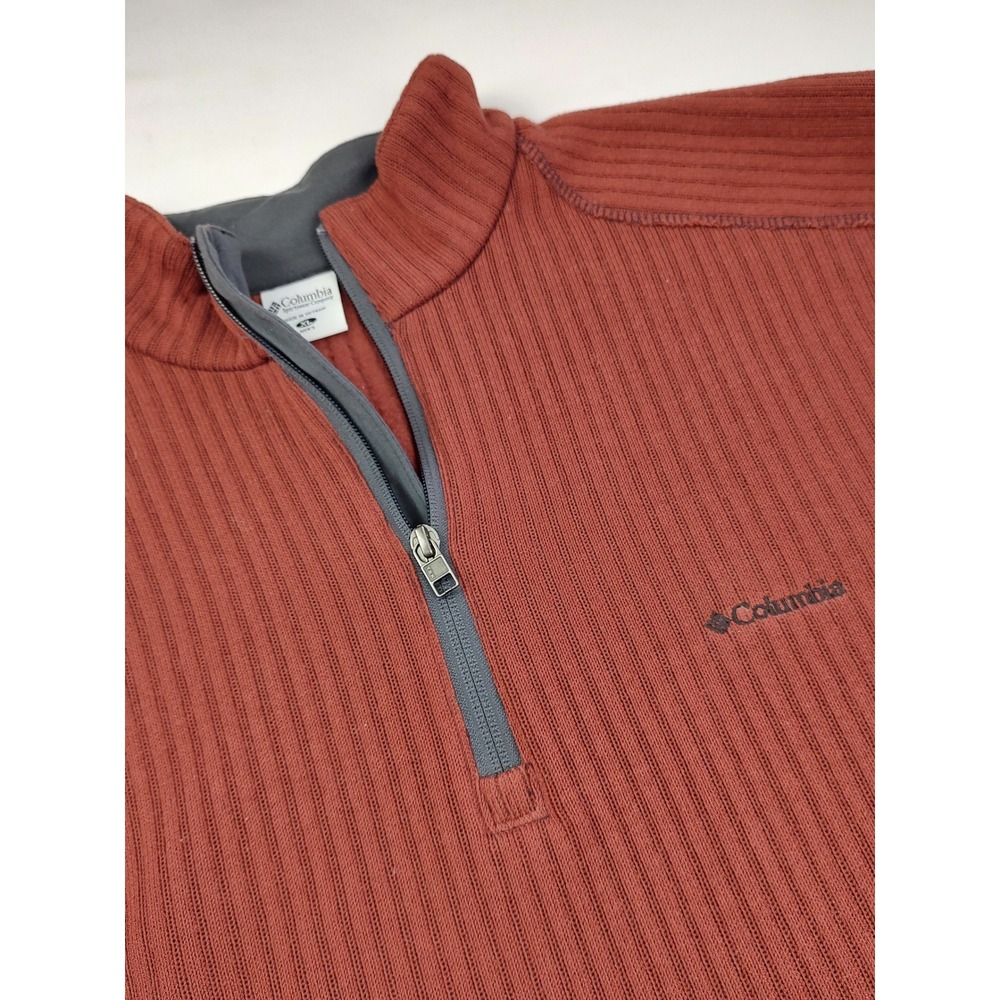 Columbia Mens XL Quarter Zip Pullover Rust Orange Ribbed Knit Sleeve Pocket